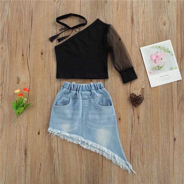 piece infant summer outfits baby girl mesh sleeve one shoulder t-shirt + irregular denim skirt tie-up fringe neck adornment clothing sets, White
piece infant summer outfits baby girl mesh sleeve one shoulder t-shirt + irregular denim skirt tie-up fringe neck adornment clothing sets, White