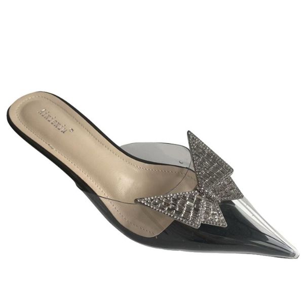 water drill butterfly buckle transparent pointed head fine heel semi-dragging famous style sandals high-heeled cool drag, Black
water drill butterfly buckle transparent pointed head fine heel semi-dragging famous style sandals high-heeled cool drag, Black