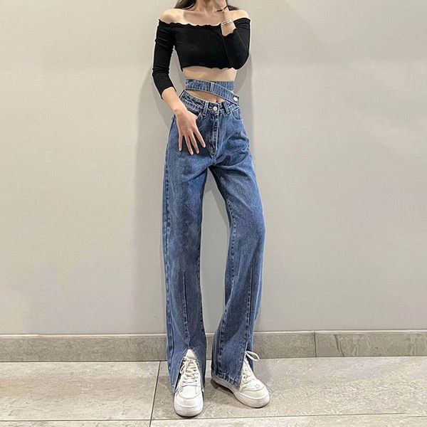 women's jeans 2021 high waist loose for women fashion split belt fork casual denim wide leg pants street trousers female, Blue
women's jeans 2021 high waist loose for women fashion split belt fork casual denim wide leg pants street trousers female, Blue