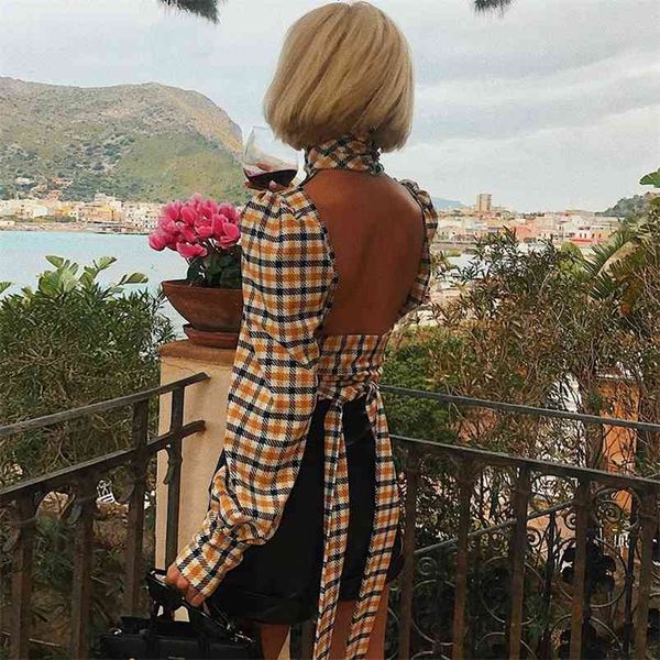 backless plaid women blouse shirt summer turtleneck lace up crop vintage cut yellow cotton 210427, White
backless plaid women blouse shirt summer turtleneck lace up crop vintage cut yellow cotton 210427, White