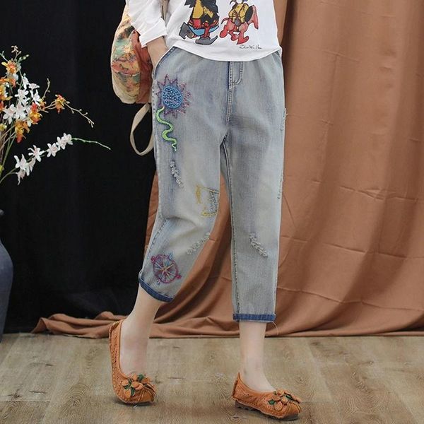 women's jeans women summer fashion vintage denim pants casua loose elastic waist harem little girl embroidery calf-length, Blue
women's jeans women summer fashion vintage denim pants casua loose elastic waist harem little girl embroidery calf-length, Blue