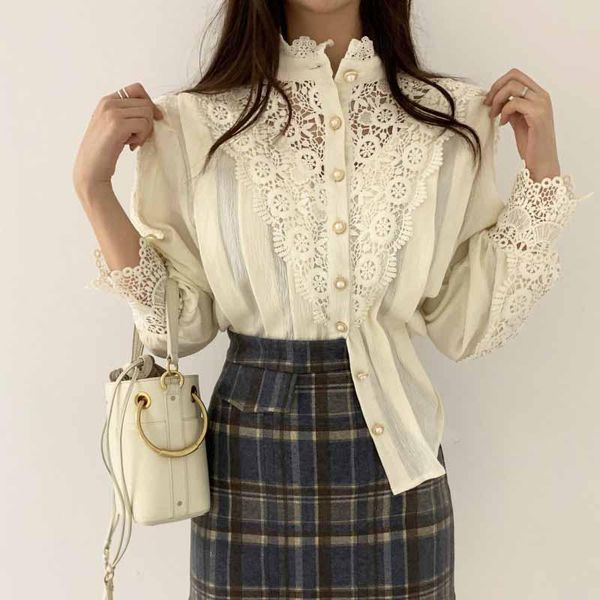 women's blouses & shirts korean 2021 sweet chic stand hollow out patchwork lace ol office lady soft casual warm all-match stylish femin, White
women's blouses & shirts korean 2021 sweet chic stand hollow out patchwork lace ol office lady soft casual warm all-match stylish femin, White