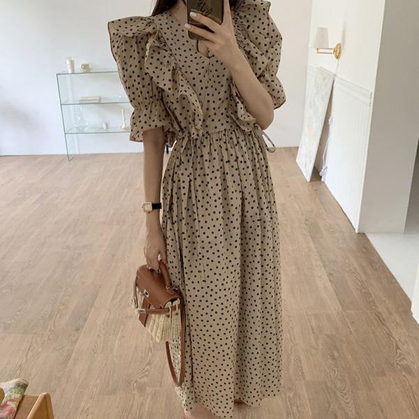 korean chic 2021 polka dot khaki/white long dress summer women v-neck ruffle short flare sleeve vintage dresses for female, Black;gray
korean chic 2021 polka dot khaki/white long dress summer women v-neck ruffle short flare sleeve vintage dresses for female, Black;gray