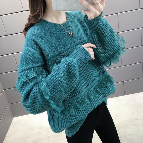 women's sweaters autumn korean version 2021 round neck pullover sweater lace stitching loose versatile top, White;black
women's sweaters autumn korean version 2021 round neck pullover sweater lace stitching loose versatile top, White;black