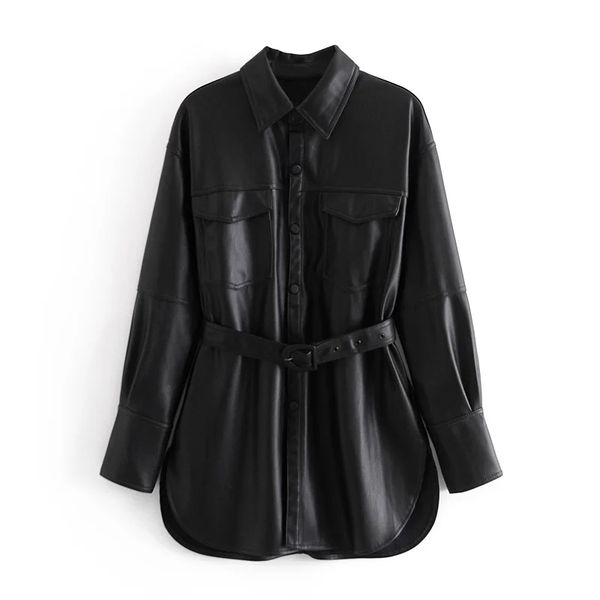 xnwmnz za women black elegant classic faux leather jacket coat with belt ladies long sleeve loose oversize boy friend retro coat, Black;brown