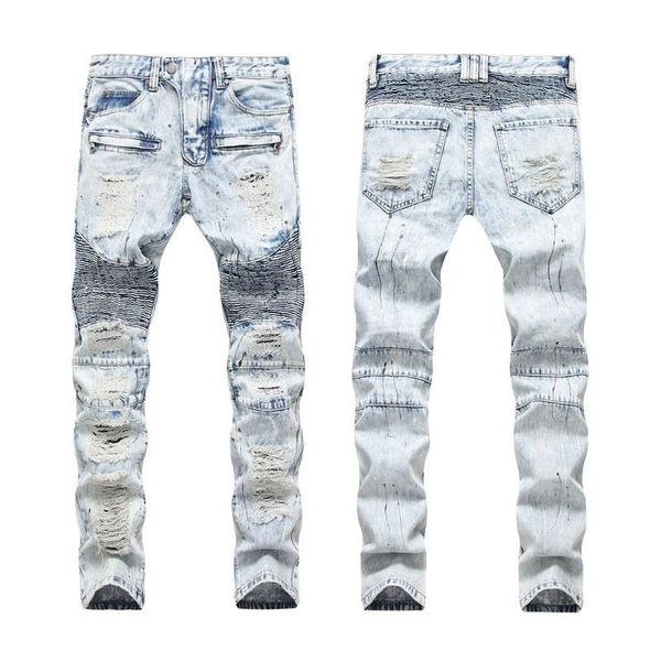 men's jeans street european and american trendy men color paint dots cut classic holes embroidery yarn motorcycle trousers, Blue
men's jeans street european and american trendy men color paint dots cut classic holes embroidery yarn motorcycle trousers, Blue