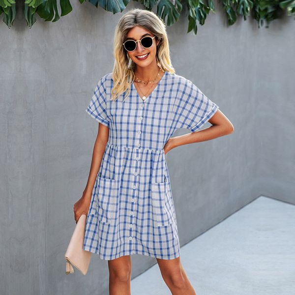 spring summer simple plaid dress for women new casual short sleeve high waist button pocket short dress female 210413, Black;gray
spring summer simple plaid dress for women new casual short sleeve high waist button pocket short dress female 210413, Black;gray