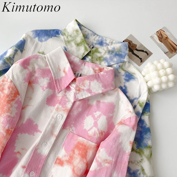 kimutomo long sleeve shirt women spring korean ins style female turn-down collar single breasted tie dye chic 210521, White