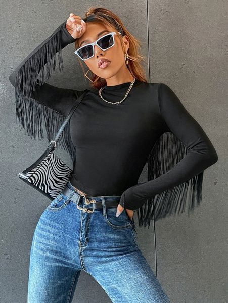 fringe trim solid fitted tee 67fu#, White