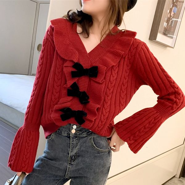 sweaters spring cute women red sweater 2021 korean style fashion v neck bows ruffles flare sleeve crop knitted pullover knitwear, White;black
sweaters spring cute women red sweater 2021 korean style fashion v neck bows ruffles flare sleeve crop knitted pullover knitwear, White;black