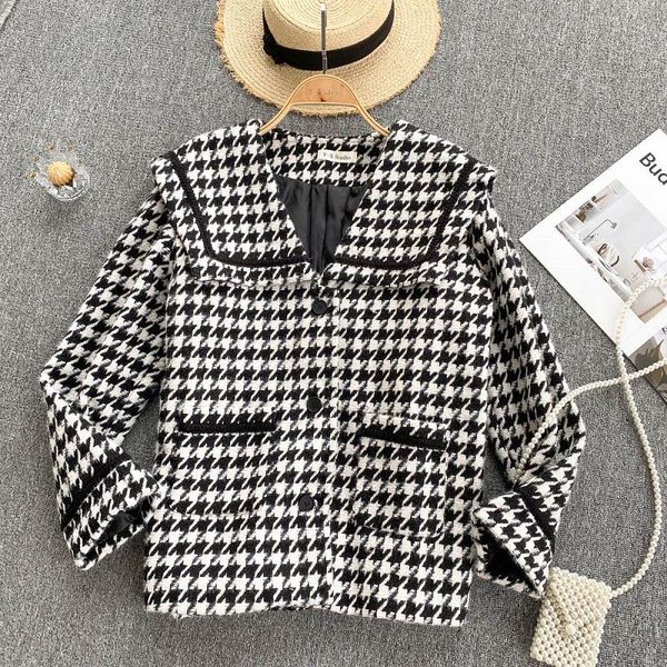 women's wool & blends 2021 autumn winter retro temperament blouse lapel long-sleeved houndstooth single-breasted tweed jacket df863, Black
women's wool & blends 2021 autumn winter retro temperament blouse lapel long-sleeved houndstooth single-breasted tweed jacket df863, Black