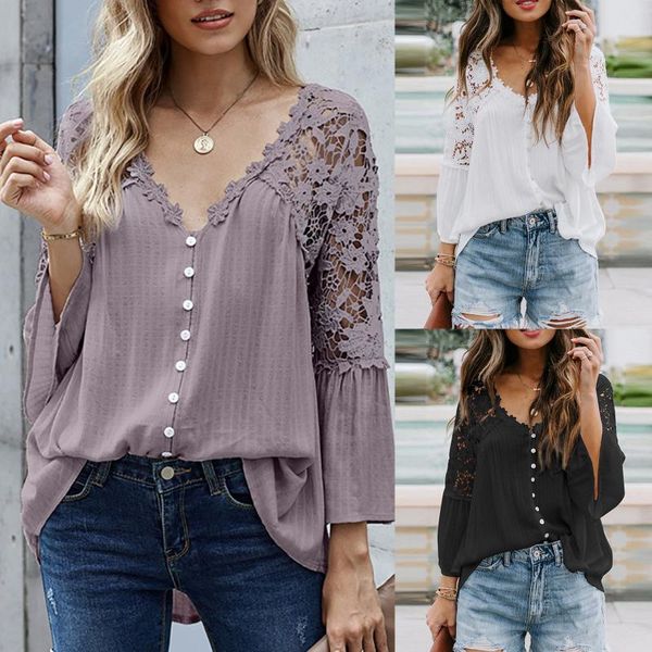 women's blouses & shirts petal sleeve hollow out flower lace patchwork shirt women v neck all-match streetwear button fashion casual wh, White
women's blouses & shirts petal sleeve hollow out flower lace patchwork shirt women v neck all-match streetwear button fashion casual wh, White