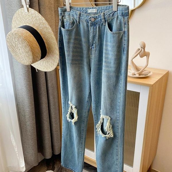 women's jeans fashion street hole ripped woman's high waist burr casual straight denim pants female summer 2021 chic clothing, Blue
women's jeans fashion street hole ripped woman's high waist burr casual straight denim pants female summer 2021 chic clothing, Blue