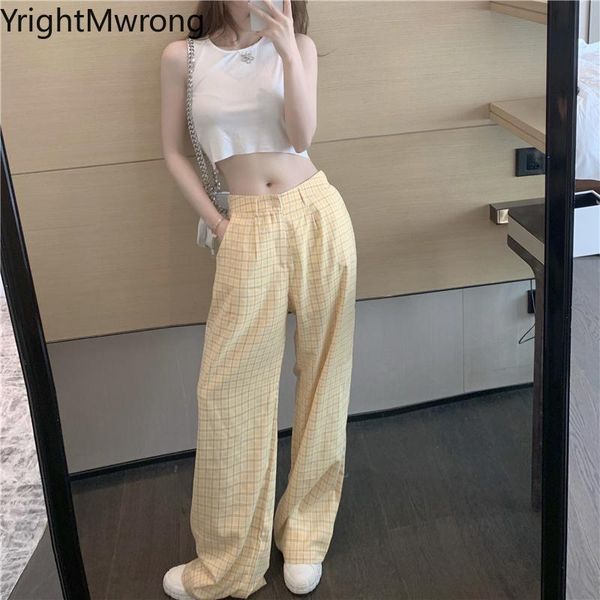 button zipper up high waist loose straight plaid yellow pant women summer fashion aesthetic clothing korean cute elegant trouser women', Black;white 
button zipper up high waist loose straight plaid yellow pant women summer fashion aesthetic clothing korean cute elegant trouser women', Black;white