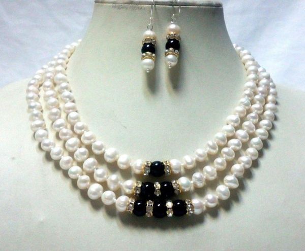 earrings & necklace beautiful 3 strands white freshwater pearl 7-8mm black 8mm earring set, Silver
earrings & necklace beautiful 3 strands white freshwater pearl 7-8mm black 8mm earring set, Silver
