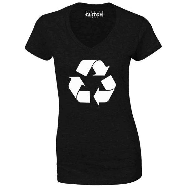 womens recycling symbol t-shirt - v-neck global warming recycling save planet, White;black