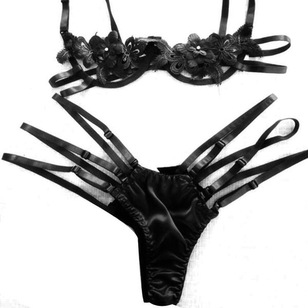 bras sets 2pcs women lace floral lingerie bra and bandage g-string set nightwear, Red;black 
bras sets 2pcs women lace floral lingerie bra and bandage g-string set nightwear, Red;black