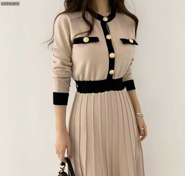 casual dresses korean elegant knitted long dress women color-blocked single-breasted sleeve o-neck a-line pleated 2021, Black;gray
casual dresses korean elegant knitted long dress women color-blocked single-breasted sleeve o-neck a-line pleated 2021, Black;gray