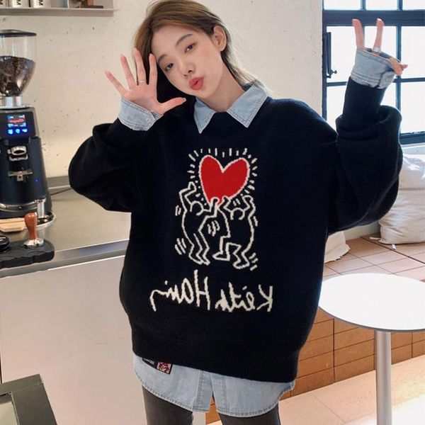 women's sweaters casual loose chic cartoon jacquard sweater fall winter bottomed knitted pullover fashion tide all match woman, White;black
women's sweaters casual loose chic cartoon jacquard sweater fall winter bottomed knitted pullover fashion tide all match woman, White;black