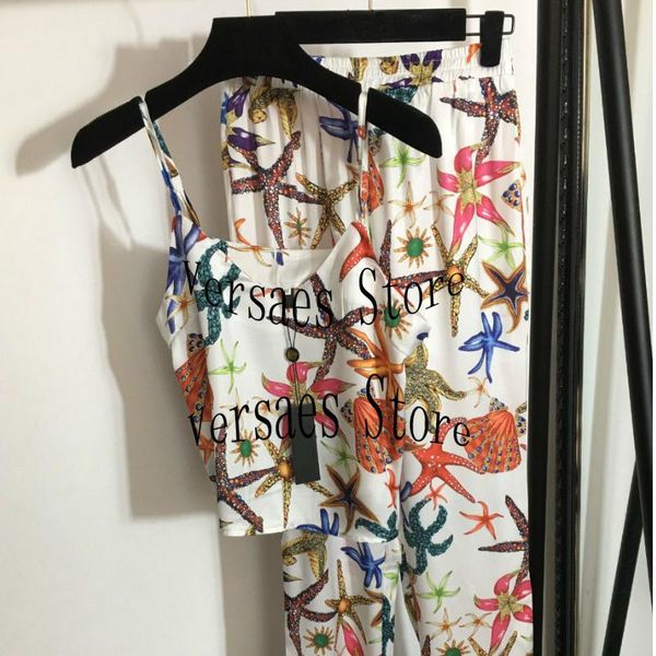 women's two piece pants starfish shell printing suit temperament round neck suspender vest + high waist slim wide leg, White
women's two piece pants starfish shell printing suit temperament round neck suspender vest + high waist slim wide leg, White