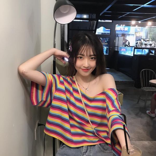 women's t-shirt rainbow stripes ladies summer o-neck short sleeve tees casual style women clothing korean loose t shrits ins hipster, White
women's t-shirt rainbow stripes ladies summer o-neck short sleeve tees casual style women clothing korean loose t shrits ins hipster, White