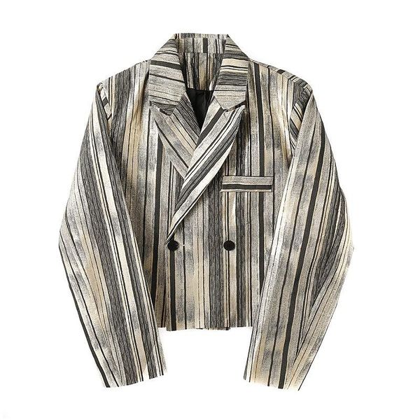 men's jackets concave shape gold stripes short double-breasted suit shiny metallic jacket, Black;brown
men's jackets concave shape gold stripes short double-breasted suit shiny metallic jacket, Black;brown