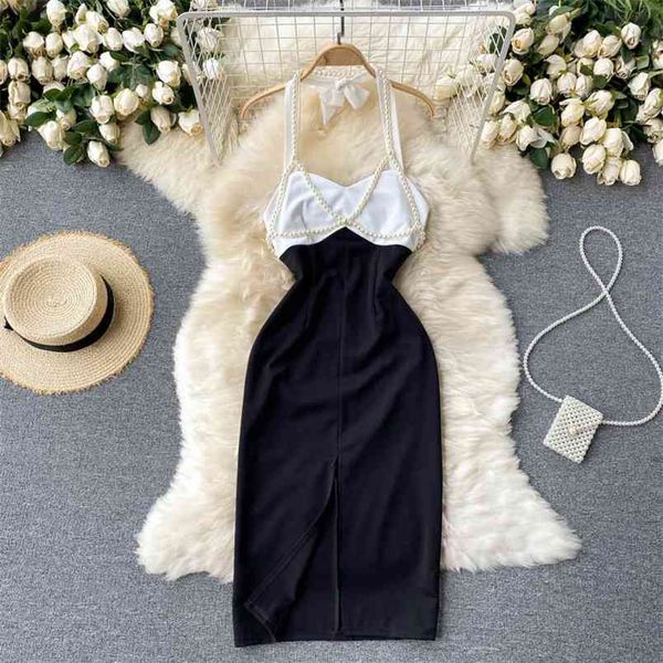 summer women sleeveless beading halter white patchwork black slim split dress female party dresses 210428, Black;gray
summer women sleeveless beading halter white patchwork black slim split dress female party dresses 210428, Black;gray