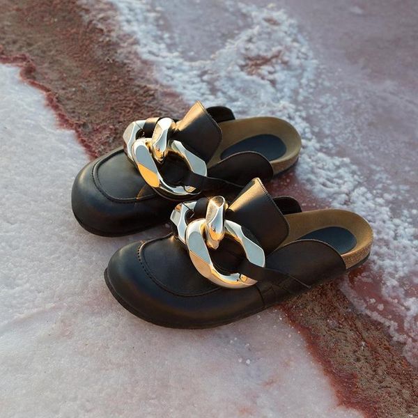metal buckle decoration outdoor slippers women round toe gold chain slides brand design shoes, Black
metal buckle decoration outdoor slippers women round toe gold chain slides brand design shoes, Black