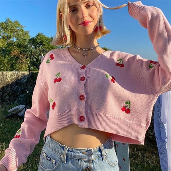 sweet cherry embroidery v neck women sweaters crop cardigan graphic chic knitted sweater outwear fall winter casual clothing, White;black
sweet cherry embroidery v neck women sweaters crop cardigan graphic chic knitted sweater outwear fall winter casual clothing, White;black