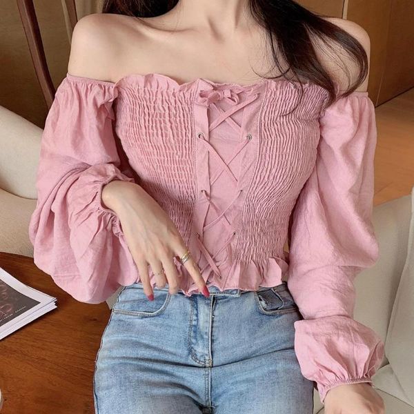 women's blouses & shirts women long sleeve solid stretchy off-shoulder sweet girl crop female spring est lace up loose sexy, White
women's blouses & shirts women long sleeve solid stretchy off-shoulder sweet girl crop female spring est lace up loose sexy, White