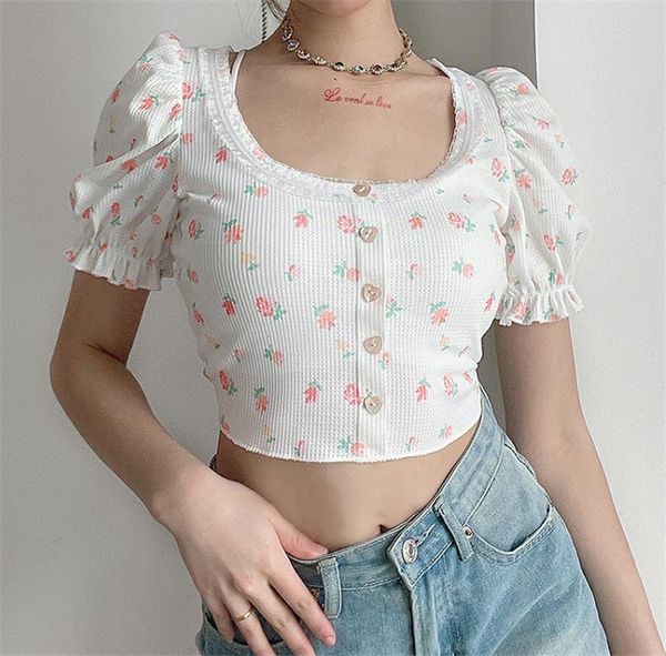 women summer crop adults floral puff short sleeve u-shaped neck button pullover women's t-shirt, White
women summer crop adults floral puff short sleeve u-shaped neck button pullover women's t-shirt, White