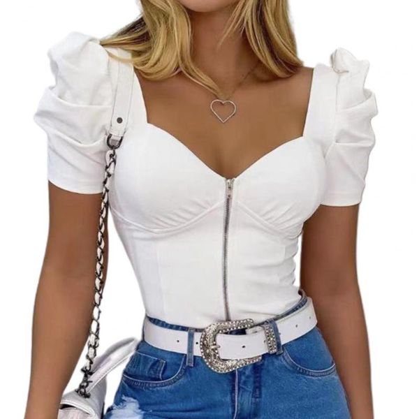 women's t-shirt women harajuku tight u neck puff sleeve solid color zipper for ladies dating office clothing, White
women's t-shirt women harajuku tight u neck puff sleeve solid color zipper for ladies dating office clothing, White