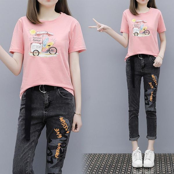 women's two piece pants european printing tide of chun xia with female short sleeve t-shirt nine points jeans suits 7taf, White
women's two piece pants european printing tide of chun xia with female short sleeve t-shirt nine points jeans suits 7taf, White