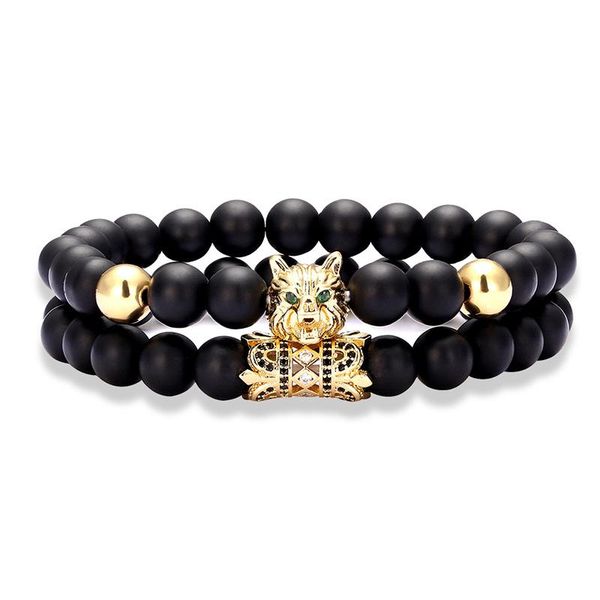 link, chain 2 pieces / set luxury wolf head charm natural stone matte lava rock men's bracelet and women's friendship, Black
link, chain 2 pieces / set luxury wolf head charm natural stone matte lava rock men's bracelet and women's friendship, Black