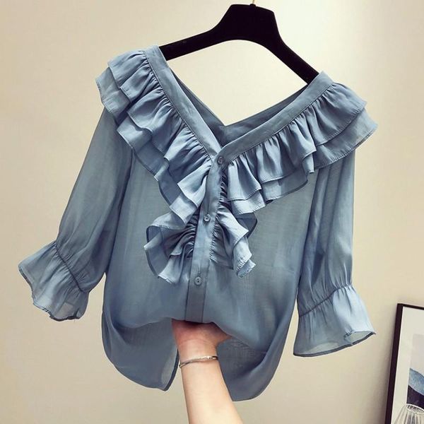 women's blouses & shirts v-neck chiffon women blouse and ruffles flare sleeved solid loose office lady elegant fashion outwear, White
women's blouses & shirts v-neck chiffon women blouse and ruffles flare sleeved solid loose office lady elegant fashion outwear, White