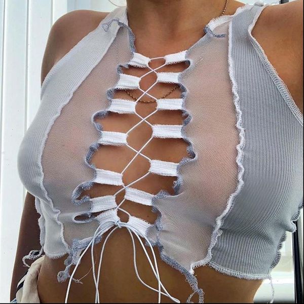 women camis tanks lace up sheer mesh cross bandage party night clubwear ribbed clothes for, White
women camis tanks lace up sheer mesh cross bandage party night clubwear ribbed clothes for, White