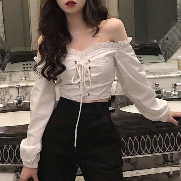 women's t-shirt off shoulder women's long-sleeved shirt autumn short slim sleeve chest tie shirts, White
women's t-shirt off shoulder women's long-sleeved shirt autumn short slim sleeve chest tie shirts, White