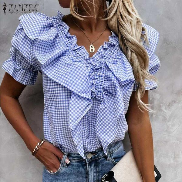women's blouses & shirts stylish women summer short sleeve plaid checked blouse vintage v neck ruffles elegant ol shirt party blusas, White
women's blouses & shirts stylish women summer short sleeve plaid checked blouse vintage v neck ruffles elegant ol shirt party blusas, White