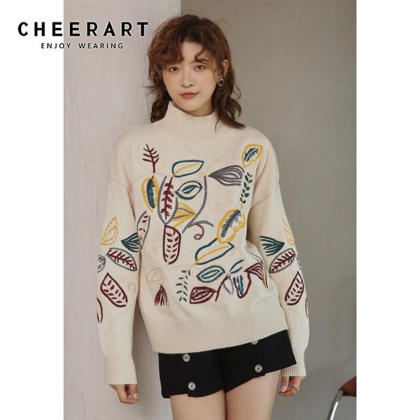 women's sweaters cheerart winter 2021 pullover sweater women embroidered floral turtleneck knitted jumper beige fashion knitwear, White;black
women's sweaters cheerart winter 2021 pullover sweater women embroidered floral turtleneck knitted jumper beige fashion knitwear, White;black
