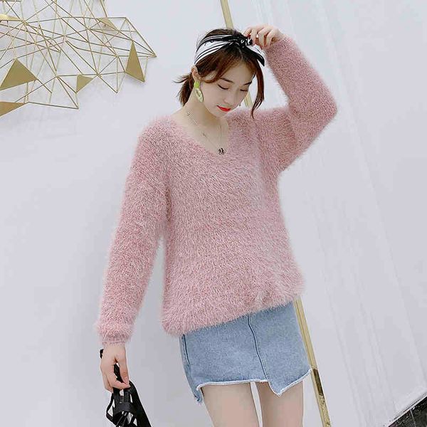 women's sweaters solid fur warm loose v-neck knitted sweater pullover all match autumn knitwear sueter mujer long sleeve fashion women, White;black
women's sweaters solid fur warm loose v-neck knitted sweater pullover all match autumn knitwear sueter mujer long sleeve fashion women, White;black