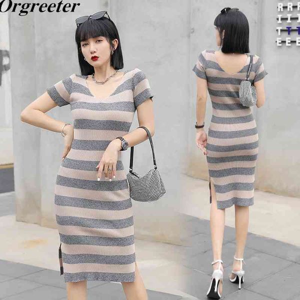 short sleeve v-neck knitted women dress striped bodycon ladies summer stretch sheath knee-length 210525, Black;gray
short sleeve v-neck knitted women dress striped bodycon ladies summer stretch sheath knee-length 210525, Black;gray