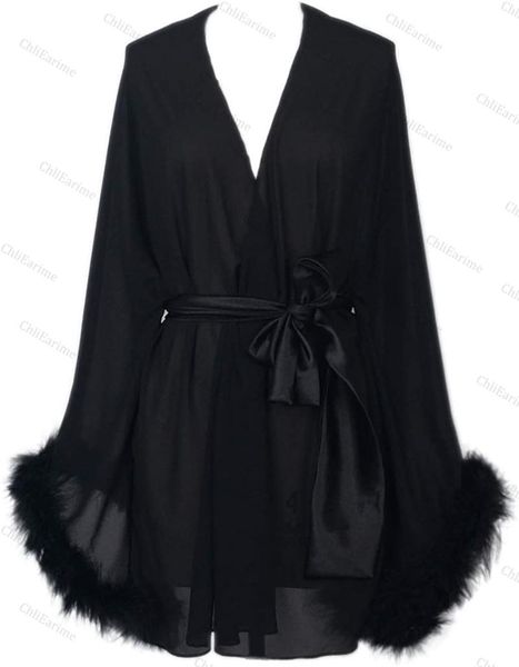 feather sleeve short bridal robe with sash night gown pajamas women's sleepwear, Black;red
feather sleeve short bridal robe with sash night gown pajamas women's sleepwear, Black;red