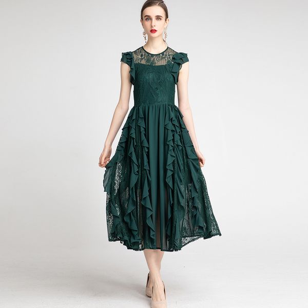 women's runway dress o neck flare sleeves ruffles embroidery lace patchwork elegant fashion mid dresses vestidos, Black
women's runway dress o neck flare sleeves ruffles embroidery lace patchwork elegant fashion mid dresses vestidos, Black