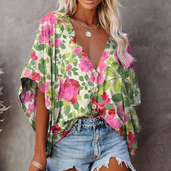 women's blouses & shirts loose blouse women floral print short sleeve v-neck button oversize 2021 casual fashion woman shirt, White
women's blouses & shirts loose blouse women floral print short sleeve v-neck button oversize 2021 casual fashion woman shirt, White