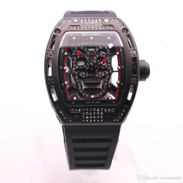 43mm diamond hollow boyuheng skull skeleton dial red tonneau mens watches transparent quartz movement rubber band great watch wristwatches, Slivery;brown
43mm diamond hollow boyuheng skull skeleton dial red tonneau mens watches transparent quartz movement rubber band great watch wristwatches, Slivery;brown
