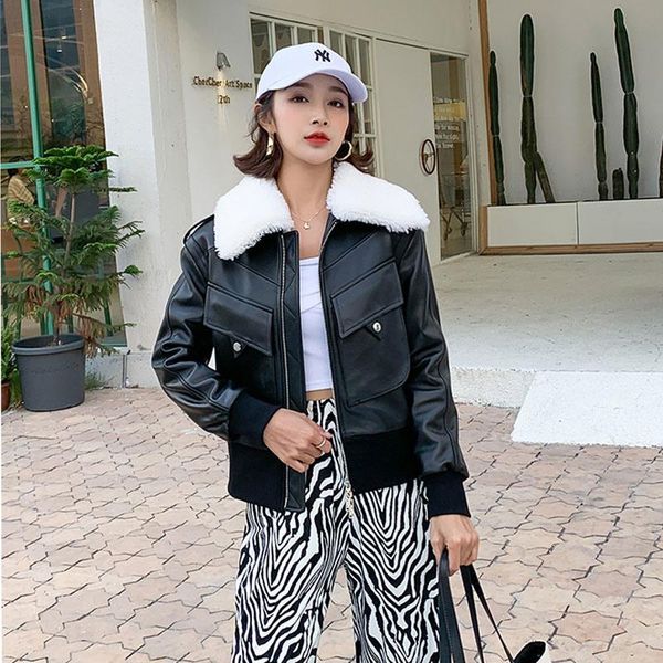 women's leather & faux 2021 quality high brand women coat winter genuine jacket with natural real sheep fur collar oversized short clot, Black
women's leather & faux 2021 quality high brand women coat winter genuine jacket with natural real sheep fur collar oversized short clot, Black
