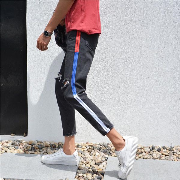 men's jeans summer 2021 fashion casual striped cut hole korean hip hop trendy hong kong style beggar feet pencil pants men, Blue
men's jeans summer 2021 fashion casual striped cut hole korean hip hop trendy hong kong style beggar feet pencil pants men, Blue
