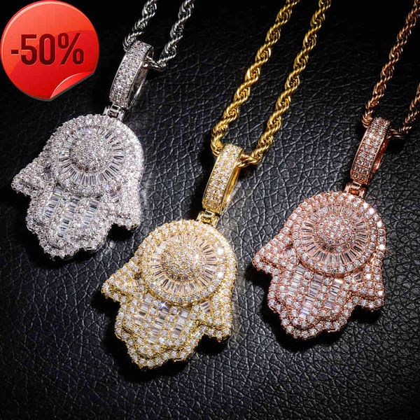 hand of fatima pendant with zircon hip hop necklace, Silver