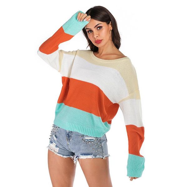 women's sweaters lazy sweater autumn 2021 stripe contrast crew neck pullover loose wear qn*, White;black
women's sweaters lazy sweater autumn 2021 stripe contrast crew neck pullover loose wear qn*, White;black