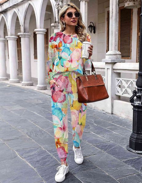 women's two piece pants european and american stamped tie, long sleeve with round, dyed collar, for autumn winter 90zn, White 
women's two piece pants european and american stamped tie, long sleeve with round, dyed collar, for autumn winter 90zn, White